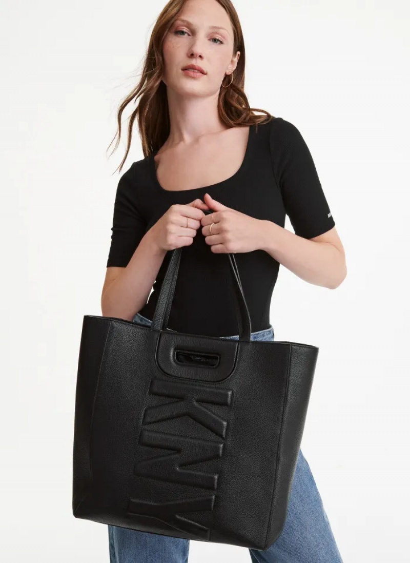 Black Women's Dkny Metro Leather Editorial Tote Bags | 0648KAVUG