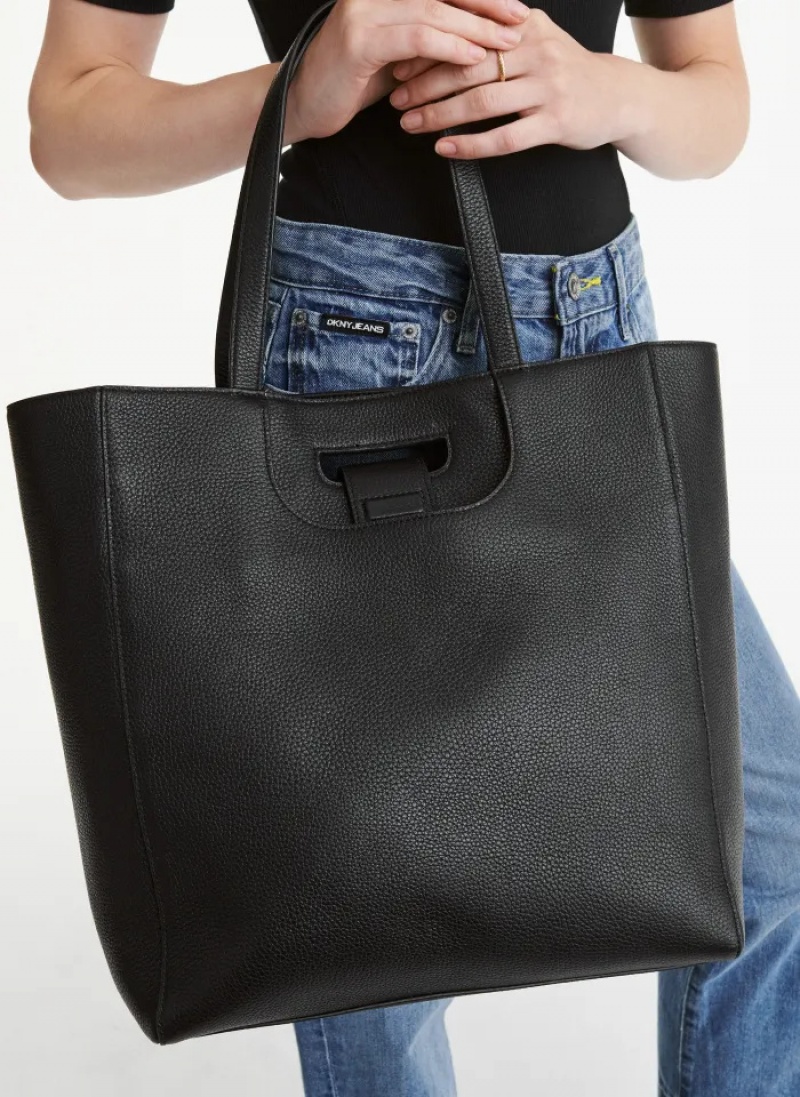 Black Women's Dkny Metro Leather Editorial Tote Bags | 0648KAVUG