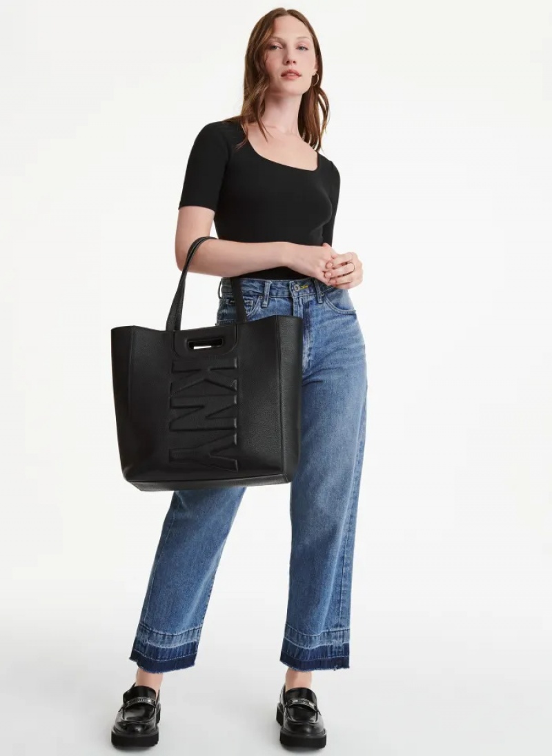 Black Women's Dkny Metro Leather Editorial Tote Bags | 0648KAVUG