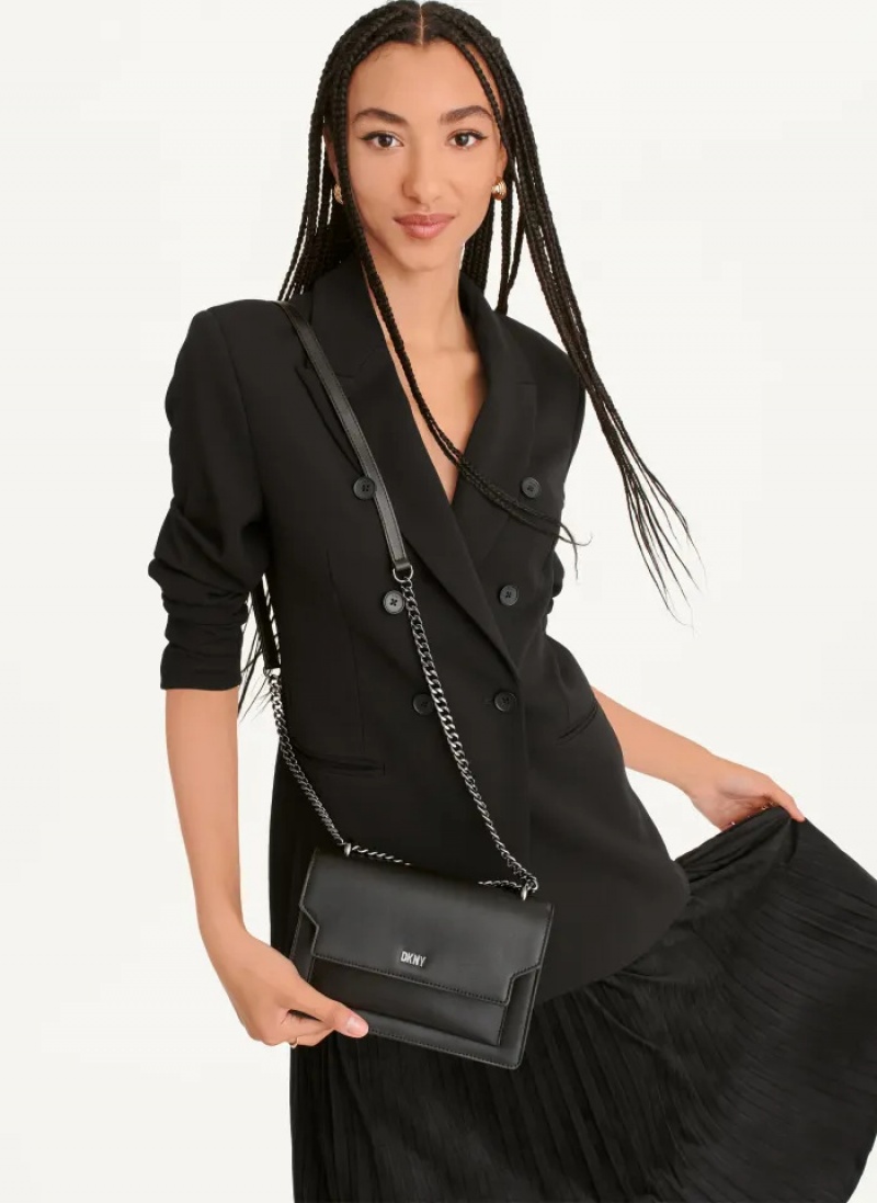 Black Women's Dkny Millie Flap Leather Crossbody Bags | 9085BESYV