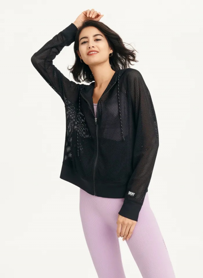 Black Women's Dkny Ozone Mesh Relaxed Full Zip Hoodie | 4762IZVCX