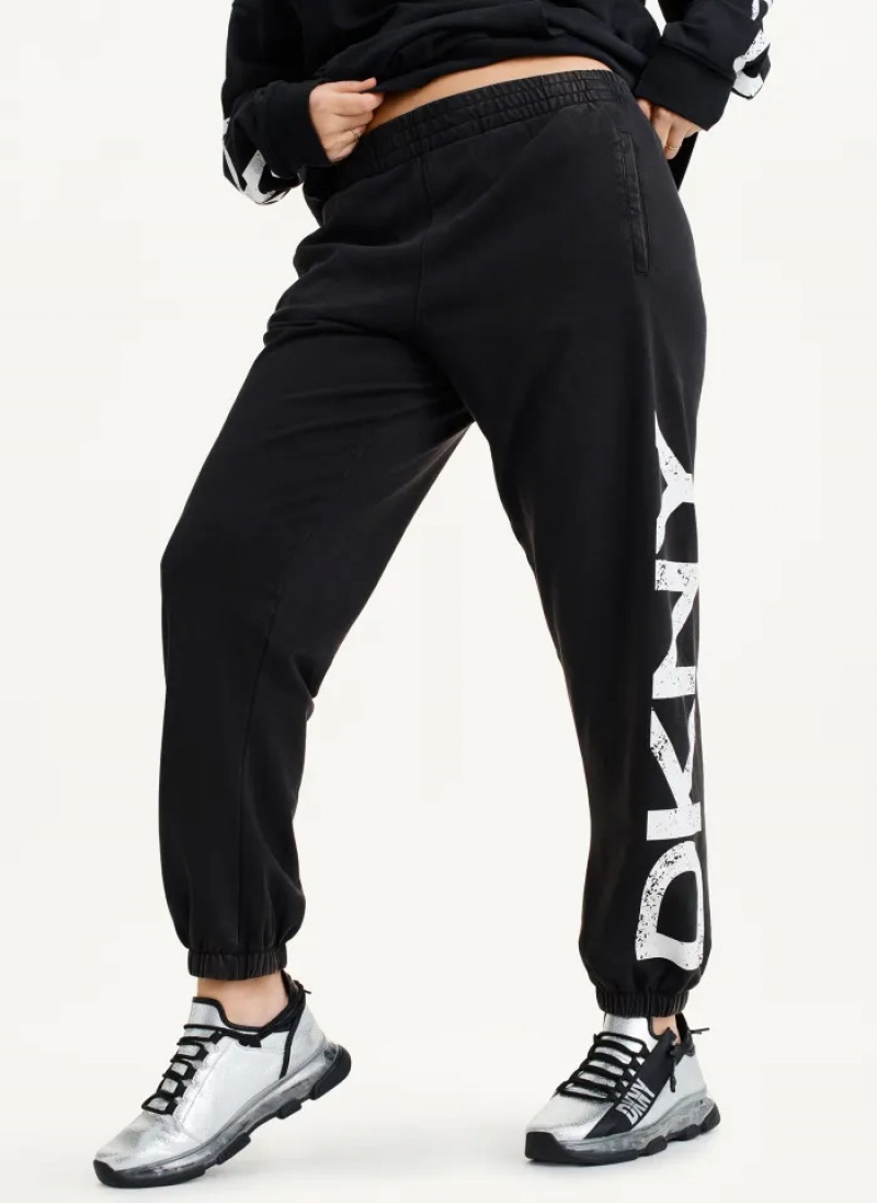 Black Women\'s Dkny Pigment Dye Distressed Crackle Logo Jogger Pants | 6421GBHWL