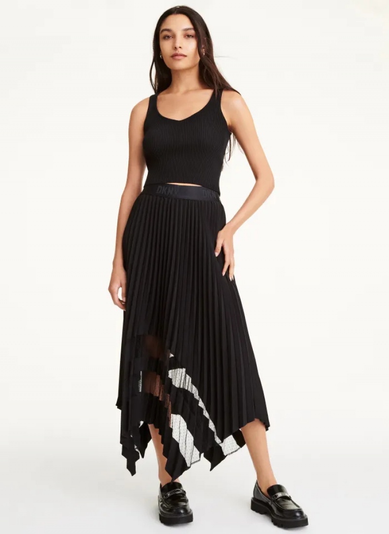 Black Women's Dkny Pleated Transparent Skirt | 5486TUPMK