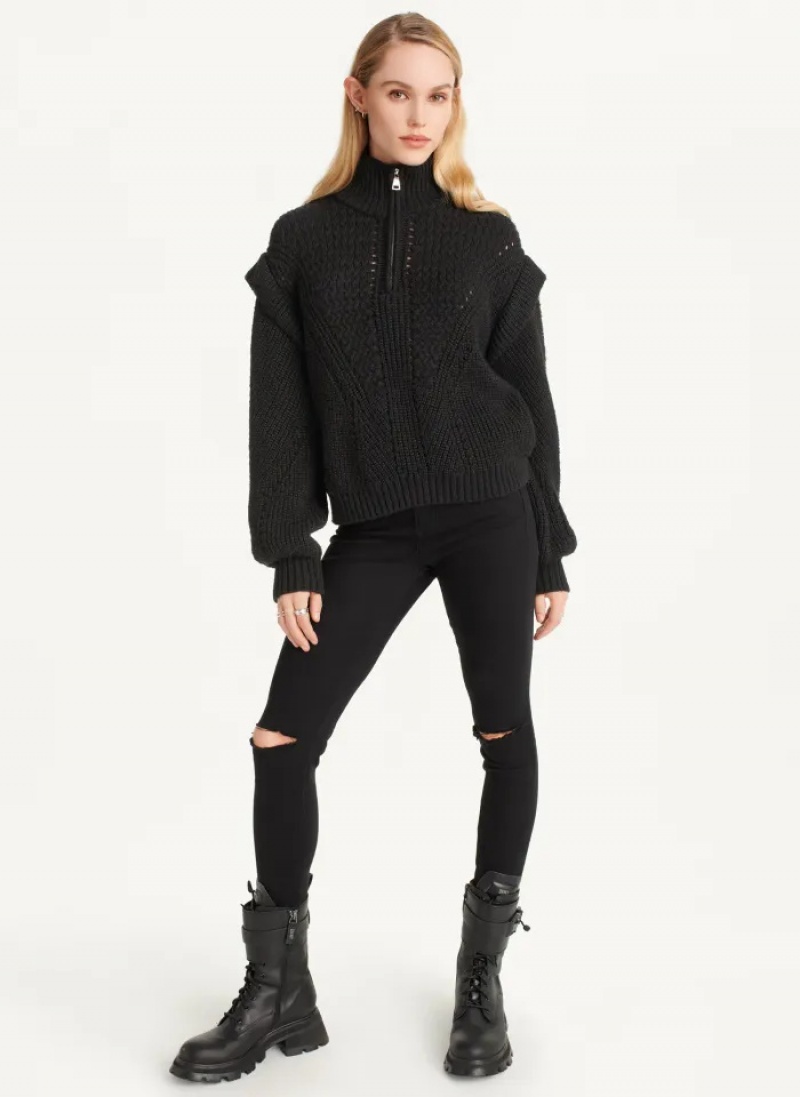 Black Women's Dkny Quarter Zip Cable Knit Sweaters | 6401SAPVU