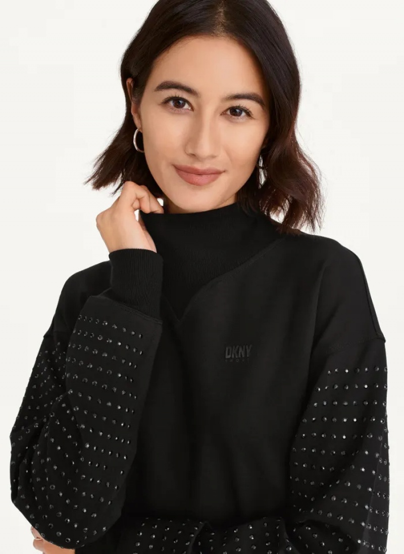 Black Women's Dkny Rhinestone Mock Neck Pullover | 0379GAUFN