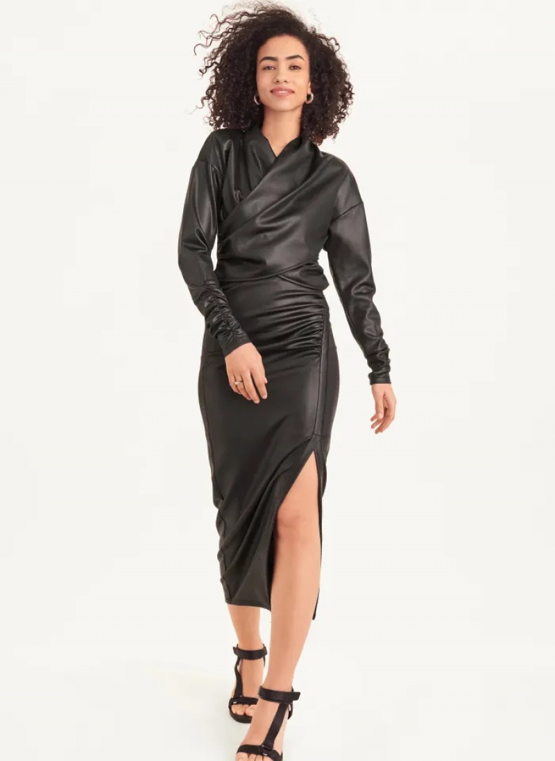 Black Women's Dkny Ruched Midi Glazed Jersey Skirt | 1462JLSVH