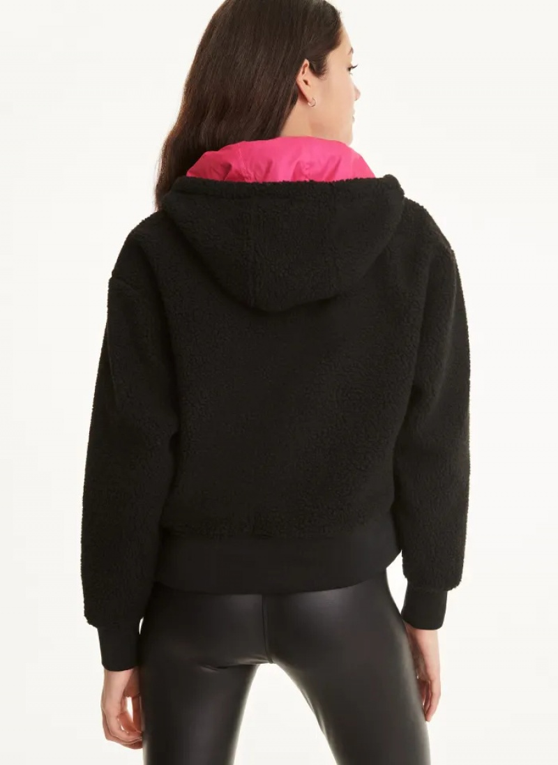 Black Women's Dkny Sherpa & Kangaroo Pocket Hoodie | 1425OLQAR