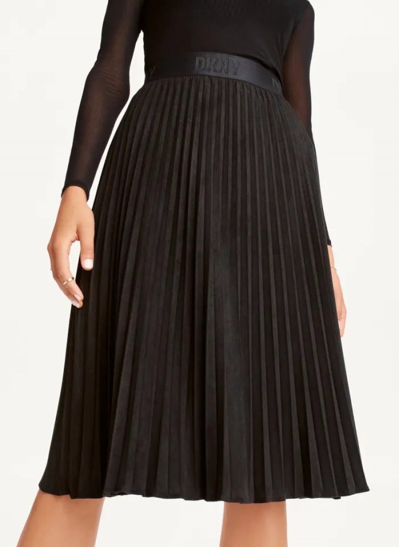 Black Women\'s Dkny Suede Midi Pleated Skirt | 3108LIVQT