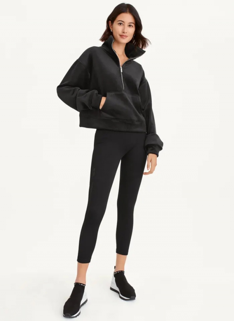 Black Women's Dkny Tech Velour Rib Half Zip W/ Kanga Pocket Pullover | 8504ACVDY