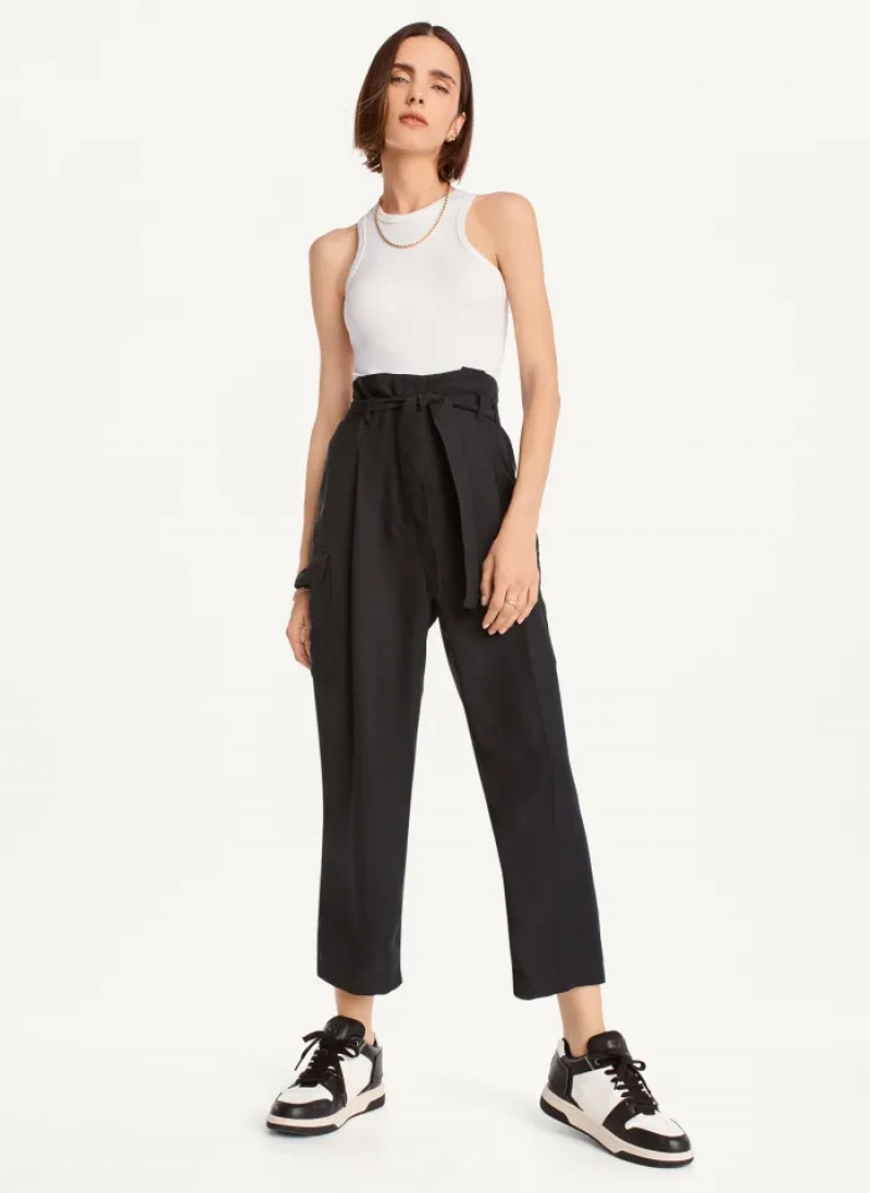 Black Women's Dkny Tie High Waist Tapered Pants | 6239JYGUD