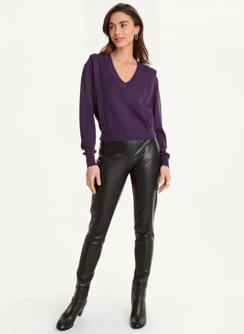 Blackberry Women's Dkny Long Sleeve V-Neck Flange Sweaters | 0732IMRVL