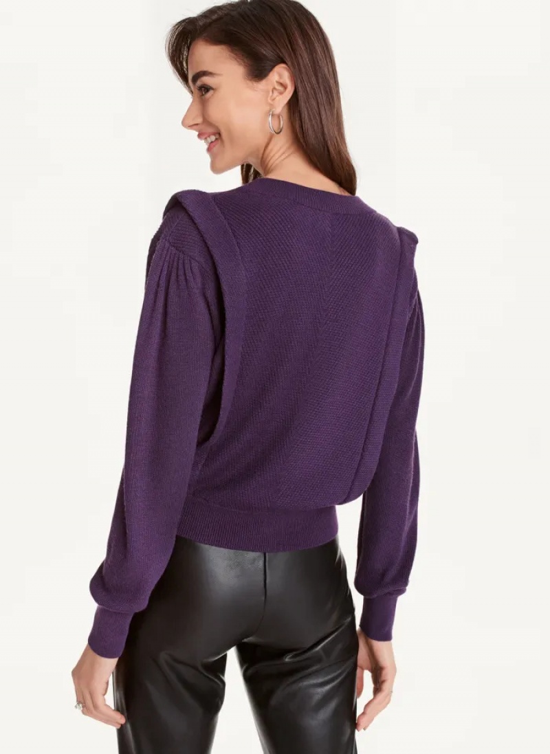 Blackberry Women's Dkny Long Sleeve V-Neck Flange Sweaters | 0732IMRVL