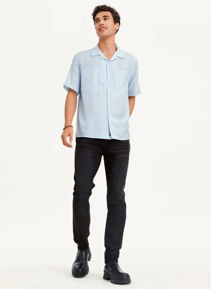 Blue Men's Dkny Imitation Silk Camp Shirts | 6407LQMJX