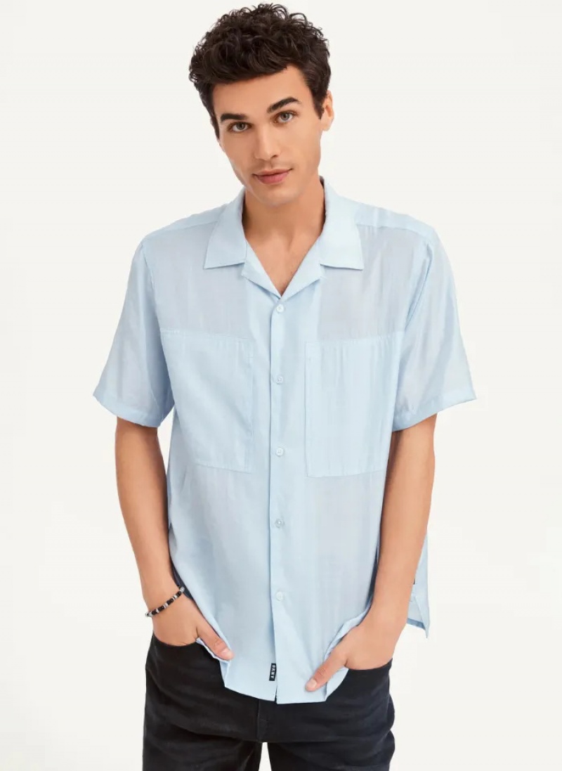 Blue Men's Dkny Imitation Silk Camp Shirts | 6407LQMJX