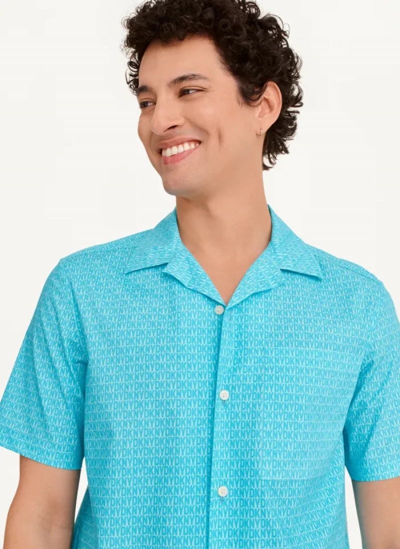 Blue Men's Dkny Interlocking Allover Logo Shirts | 0684OVPHD