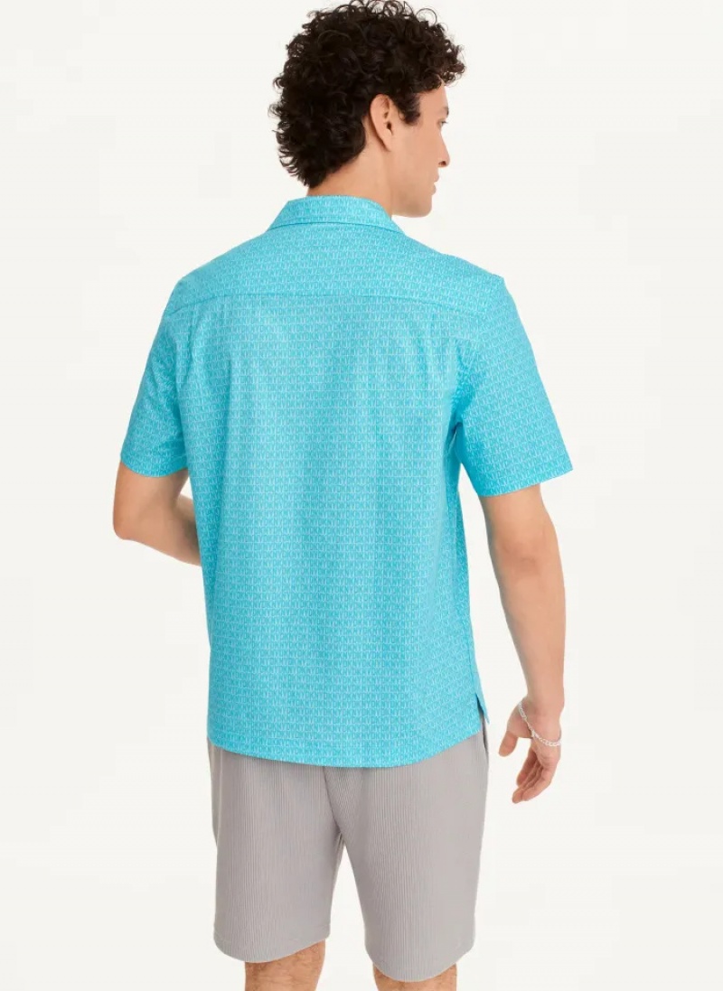 Blue Men's Dkny Interlocking Allover Logo Shirts | 0684OVPHD