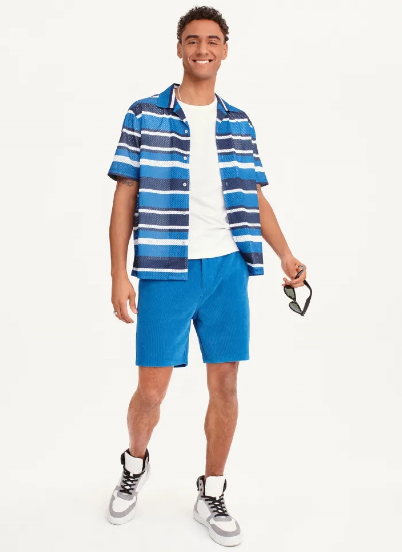 Blue Men's Dkny Mesh Stripe Camp Shirts | 4570PQAGE