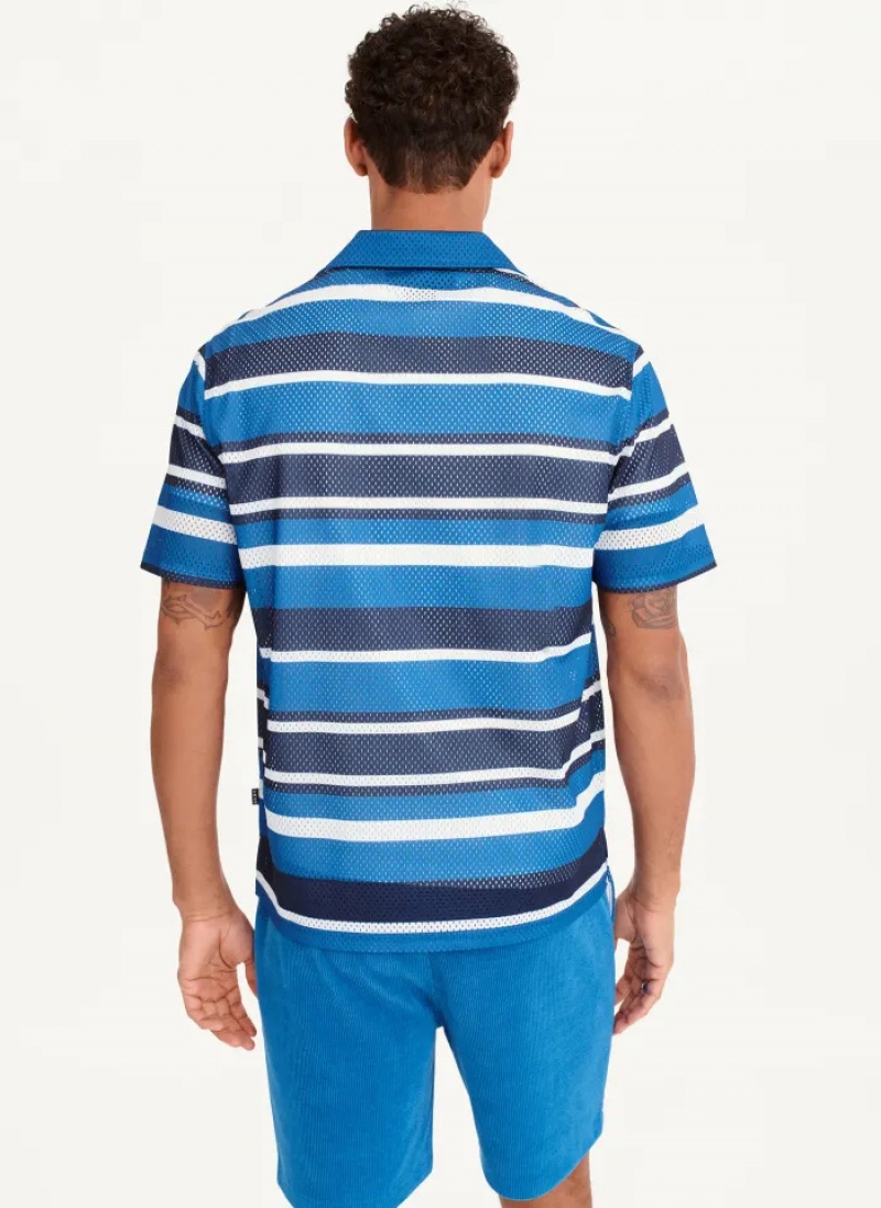 Blue Men's Dkny Mesh Stripe Camp Shirts | 4570PQAGE