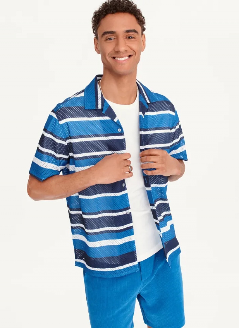 Blue Men\'s Dkny Mesh Stripe Camp Shirts | 4570PQAGE