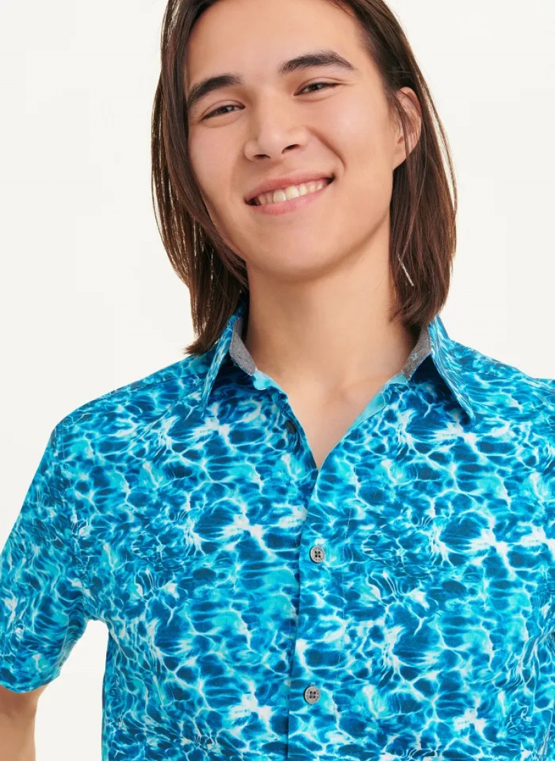 Blue Men's Dkny Water Print Shirts | 8602SCAJB