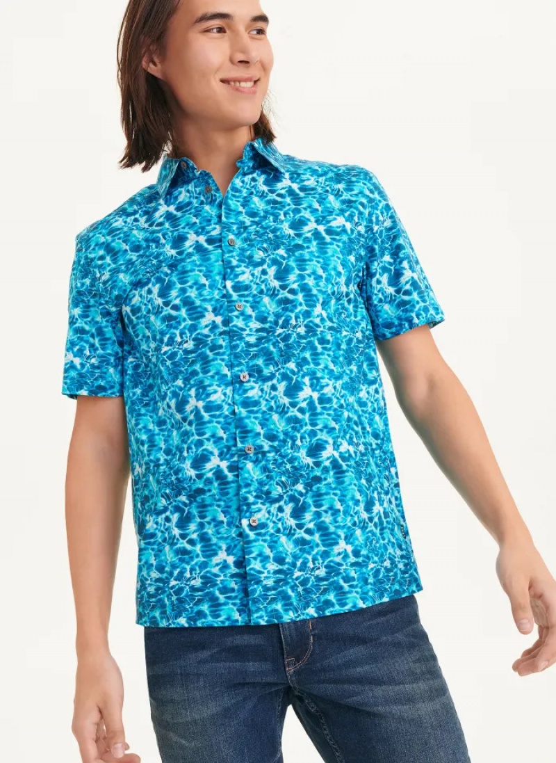 Blue Men\'s Dkny Water Print Shirts | 8602SCAJB