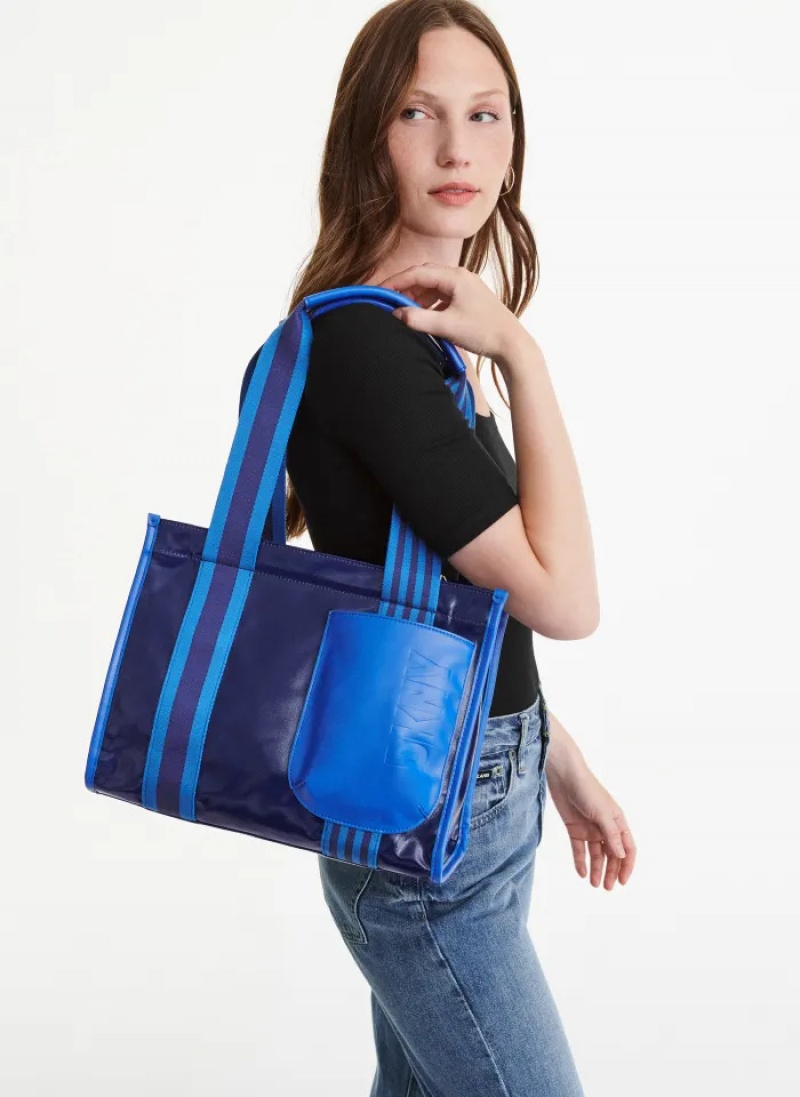 Blue Women's Dkny Prospect Coated Canvas Medium Tote Bags | 9746TWQPZ