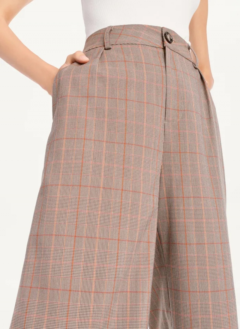 Brown Combo Women's Dkny Plaid Wide Leg Pants | 7580QDLKU