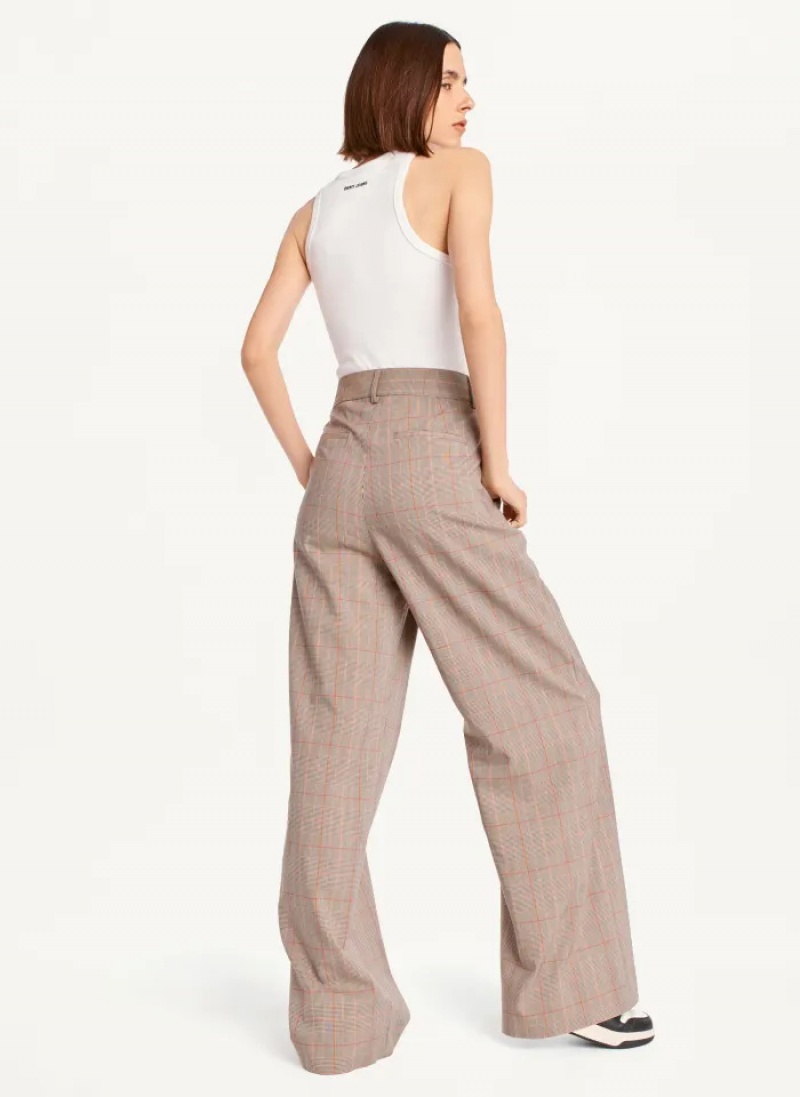 Brown Combo Women's Dkny Plaid Wide Leg Pants | 7580QDLKU