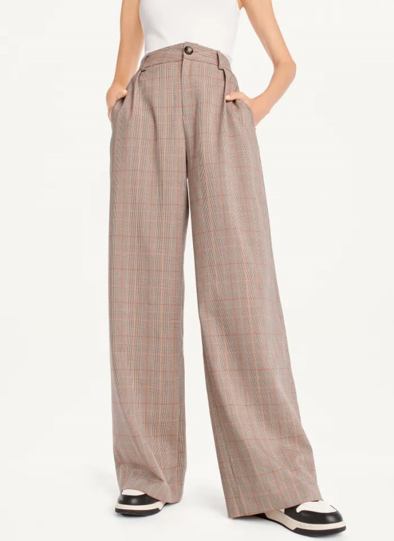 Brown Combo Women\'s Dkny Plaid Wide Leg Pants | 7580QDLKU