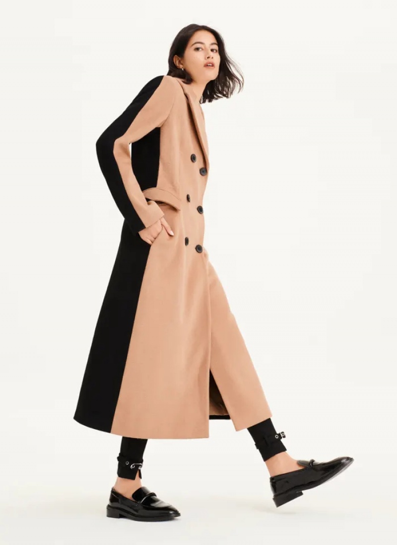 Camel Women's Dkny Two Tone Maxi Wool Coats | 5103CGWRE