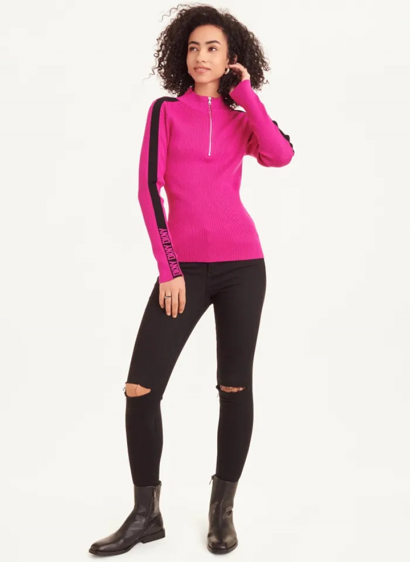 Electric Fuschia/Black Women's Dkny Long Sleeve Half Zip Logo Tape Sweaters | 6829LVDWM