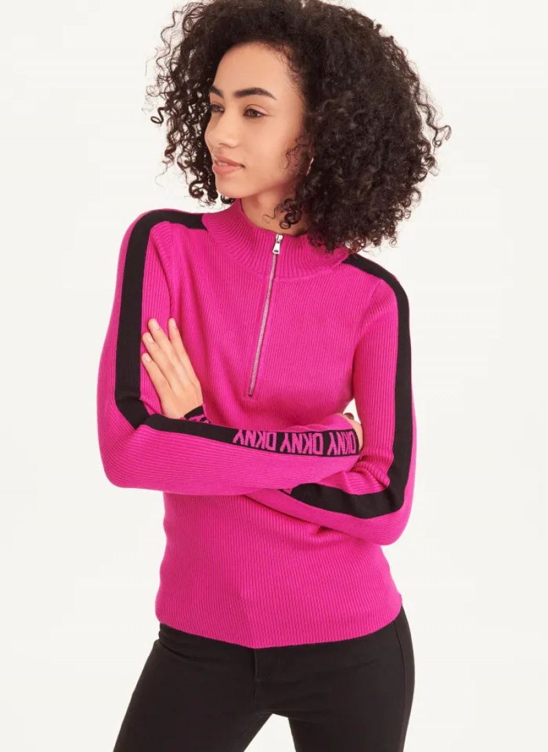 Electric Fuschia/Black Women\'s Dkny Long Sleeve Half Zip Logo Tape Sweaters | 6829LVDWM