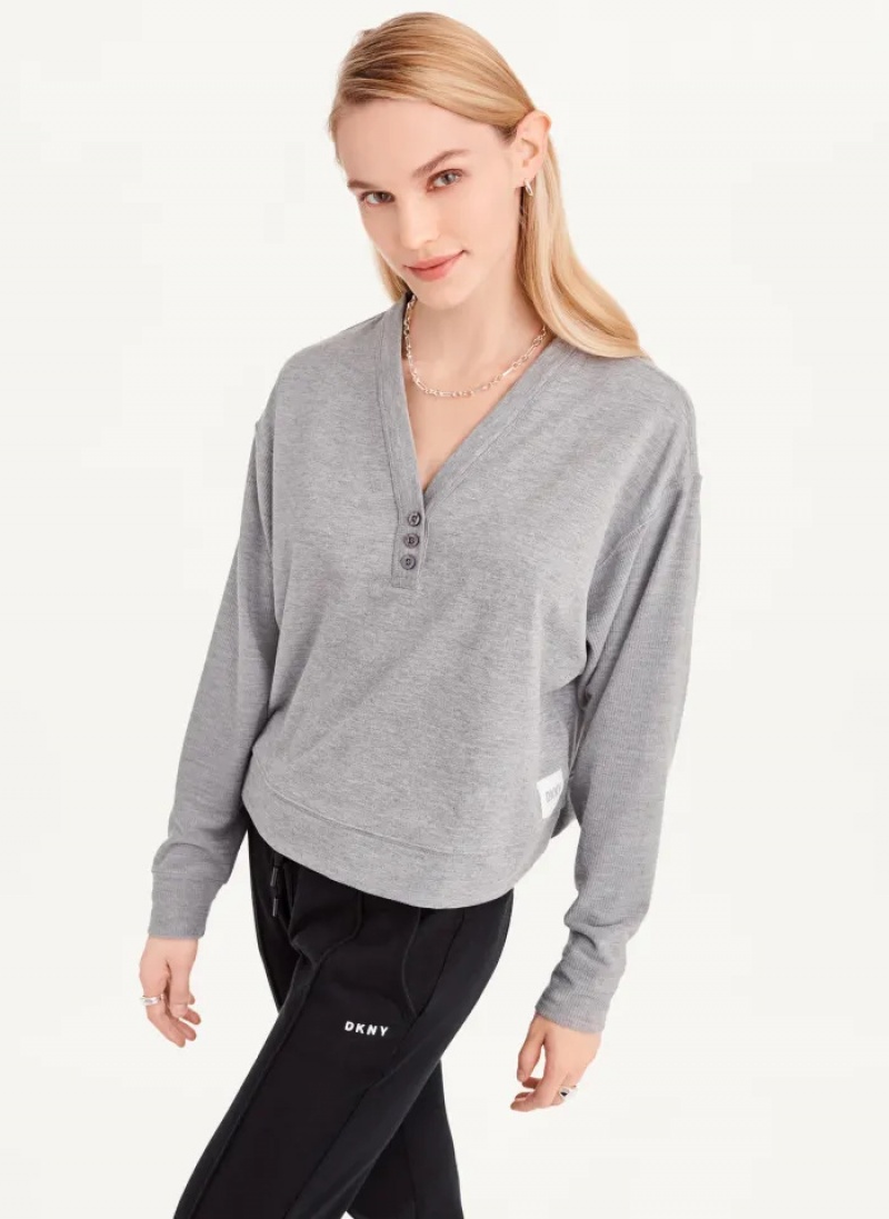 Grey Women\'s Dkny Cropped Henley Lounge Pullover | 6534LUWRP