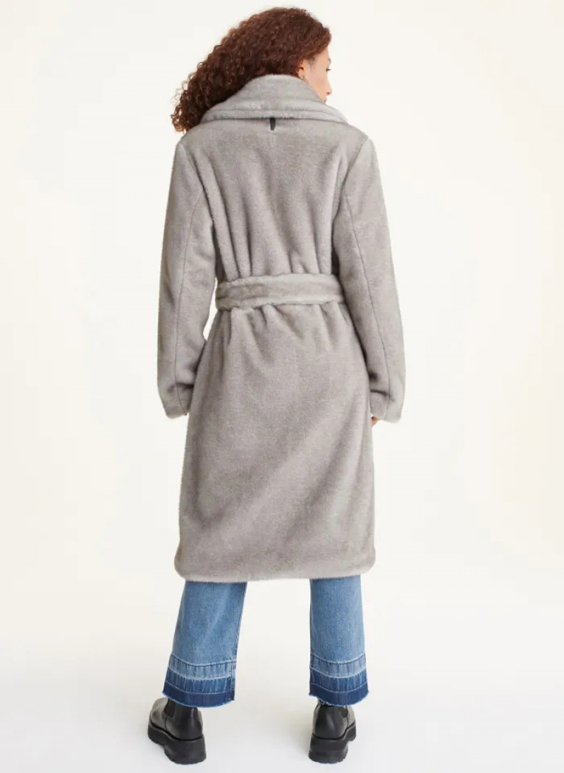 Grey Women's Dkny Faux Mink Longline Coats | 5213XTZEM