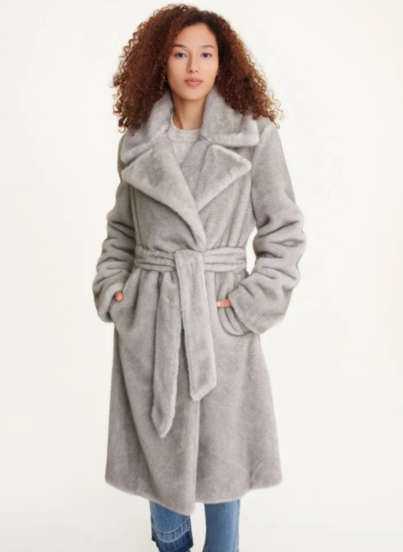 Grey Women's Dkny Faux Mink Longline Coats | 5213XTZEM