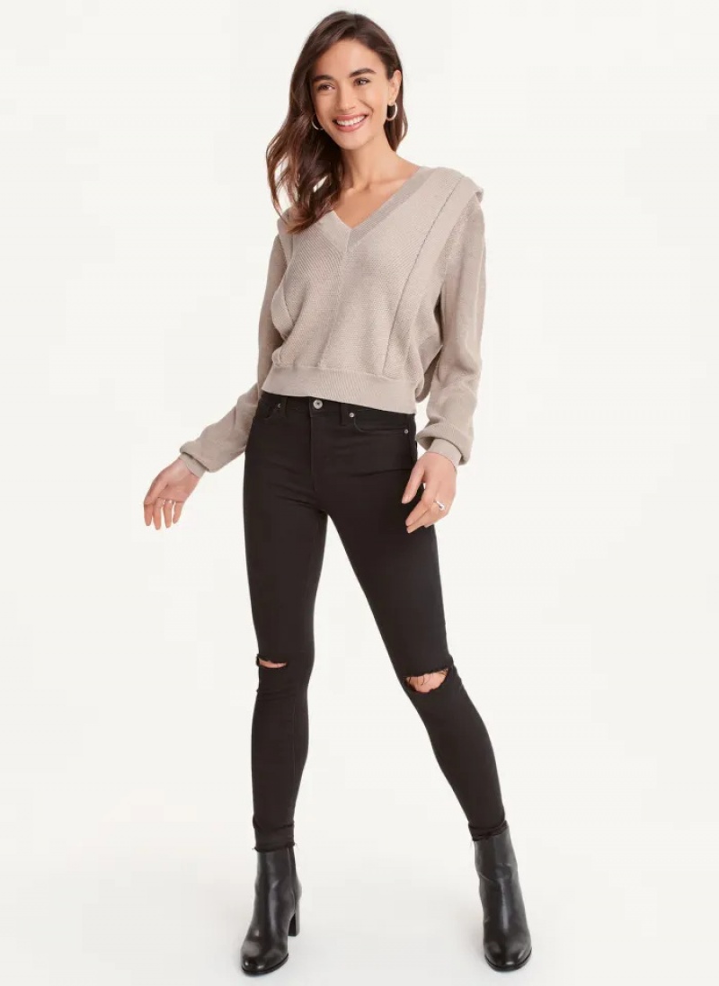 Grey Women's Dkny Long Sleeve V-Neck Flange Sweaters | 6971FRZAE