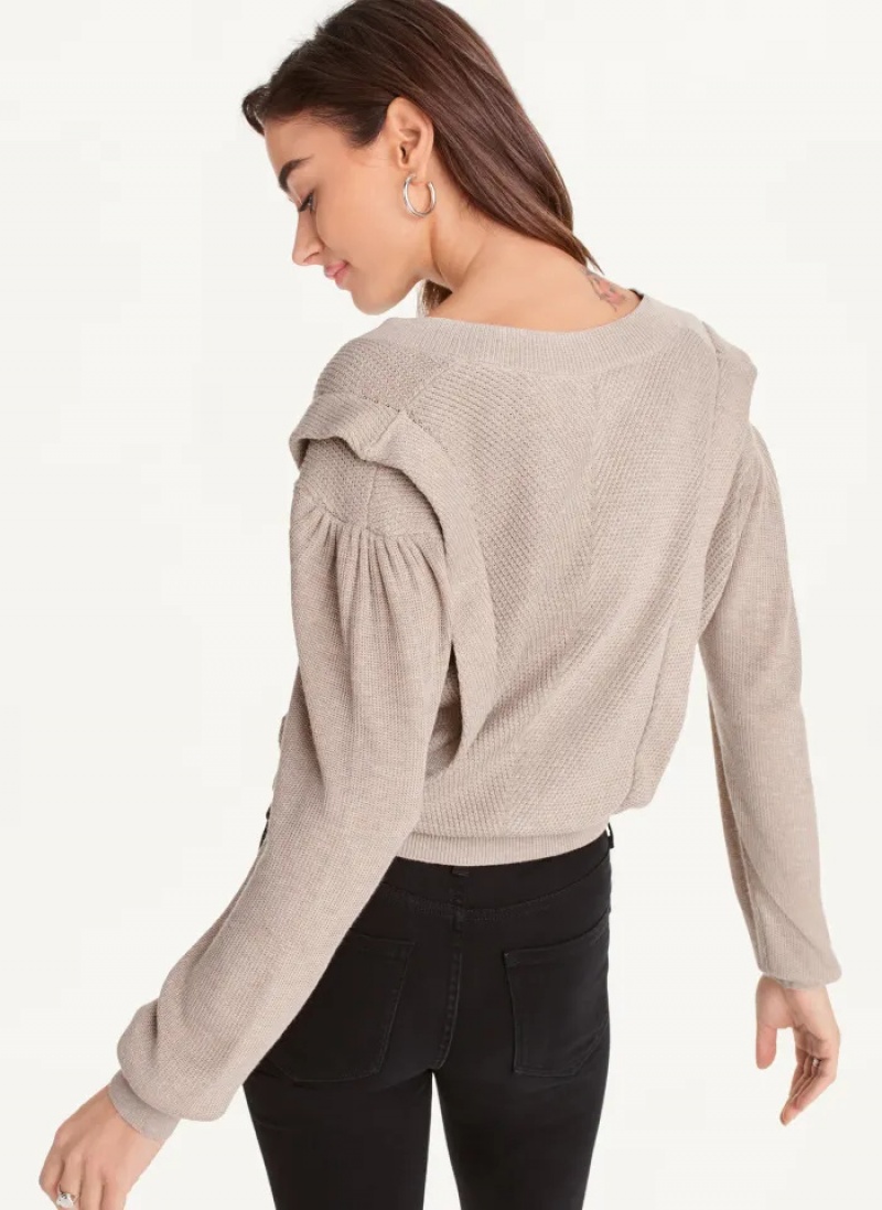 Grey Women's Dkny Long Sleeve V-Neck Flange Sweaters | 6971FRZAE