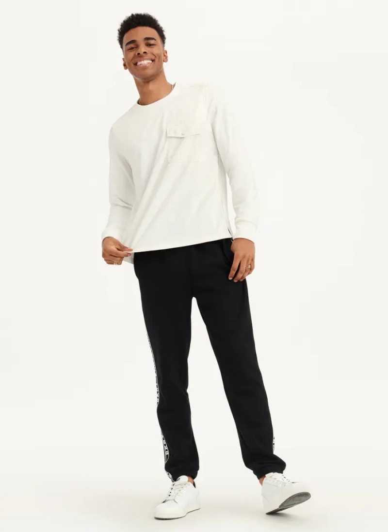 Ivory Men's Dkny Mixed Media Pocket Long Sleeve Knit T Shirts | 6487SAZEJ