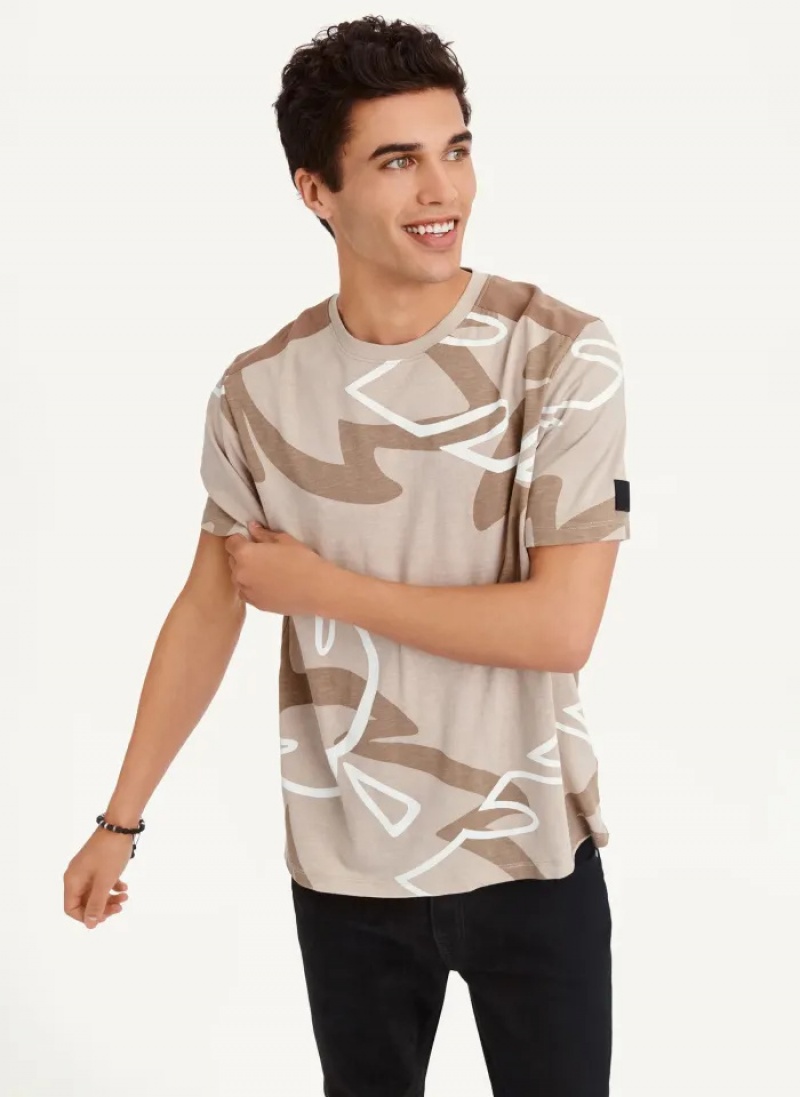 Khaki Men's Dkny Leaves Print Slub Jersey T Shirts | 7328EWYIG