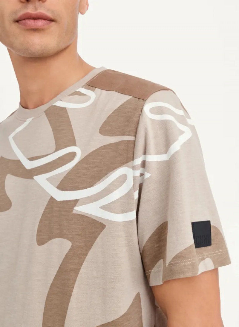 Khaki Men's Dkny Leaves Print Slub Jersey T Shirts | 7328EWYIG