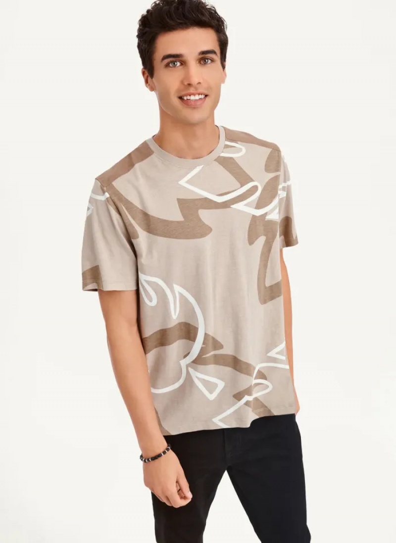 Khaki Men\'s Dkny Leaves Print Slub Jersey T Shirts | 7328EWYIG