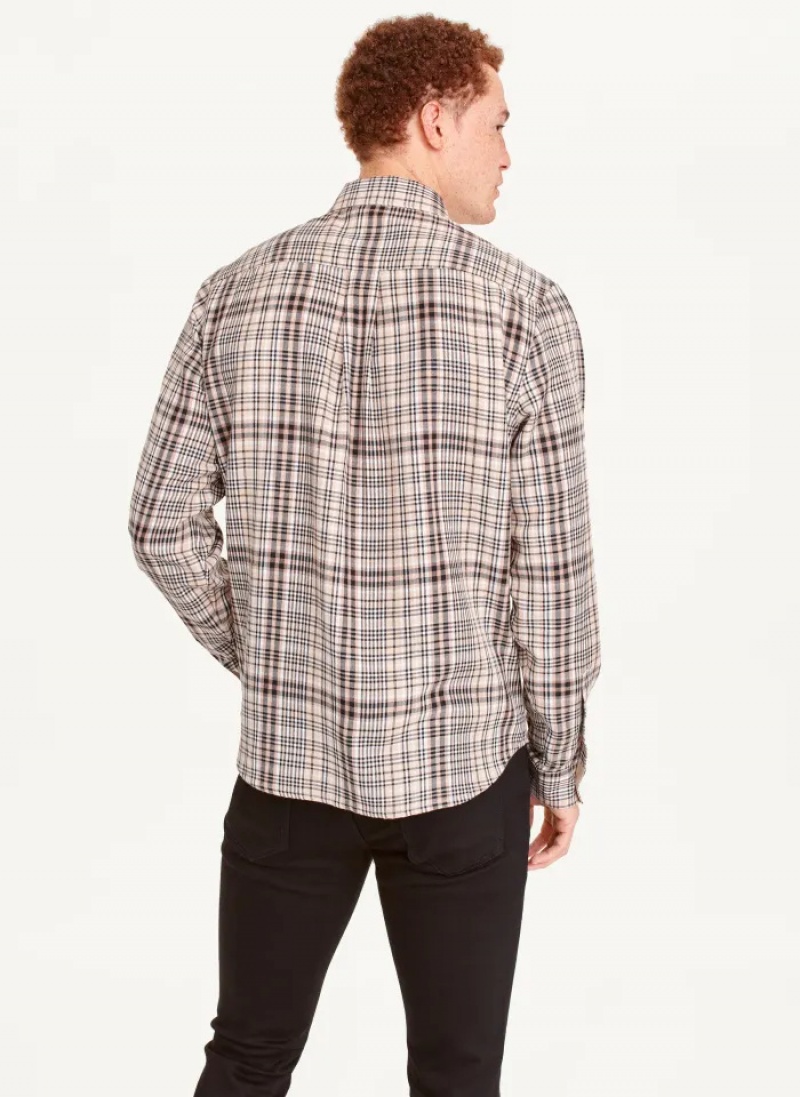 Khaki Men's Dkny Long Sleeve Plaid Khaki Button Up Shirts | 5308ZCLBT