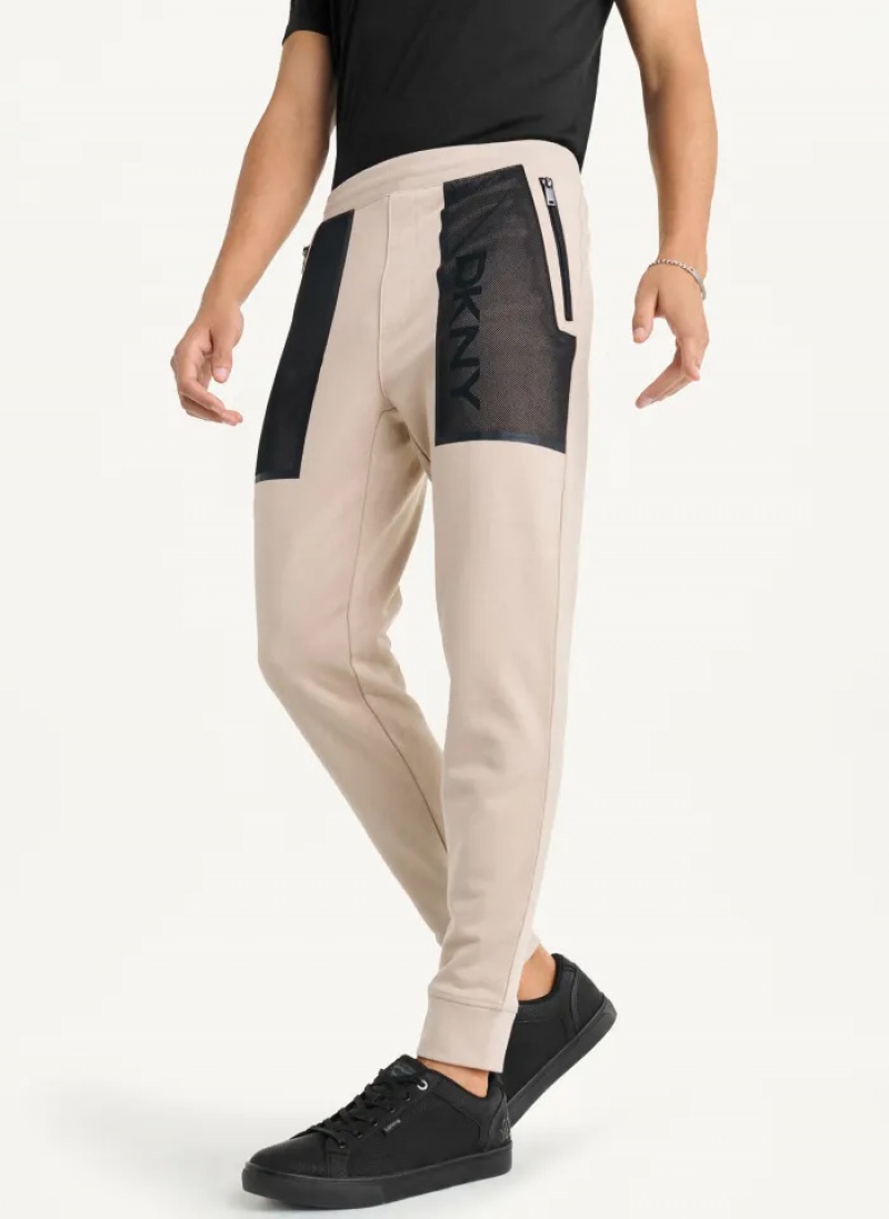 Khaki Men's Dkny Mesh Pocket Logo Pants | 7016OGQUT