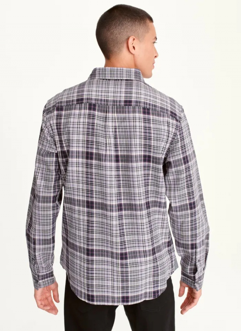 Lavender Men's Dkny Long Sleeve Newburg Plaid Shirts | 3470NVXEZ