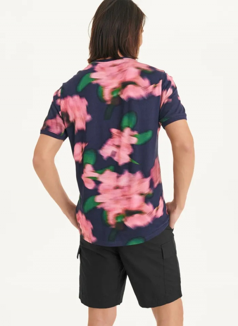 Navy/Pink Men's Dkny Blurry Floral Crew T Shirts | 2094CVSLD