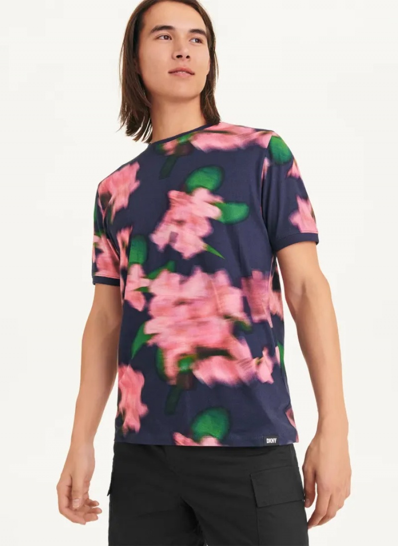 Navy/Pink Men\'s Dkny Blurry Floral Crew T Shirts | 2094CVSLD