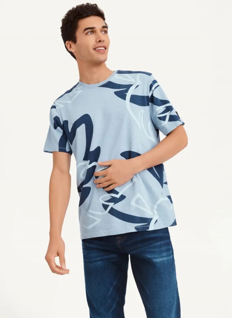 Navy Combo Men\'s Dkny Leaves Print Slub Jersey T Shirts | 6138PTKGY