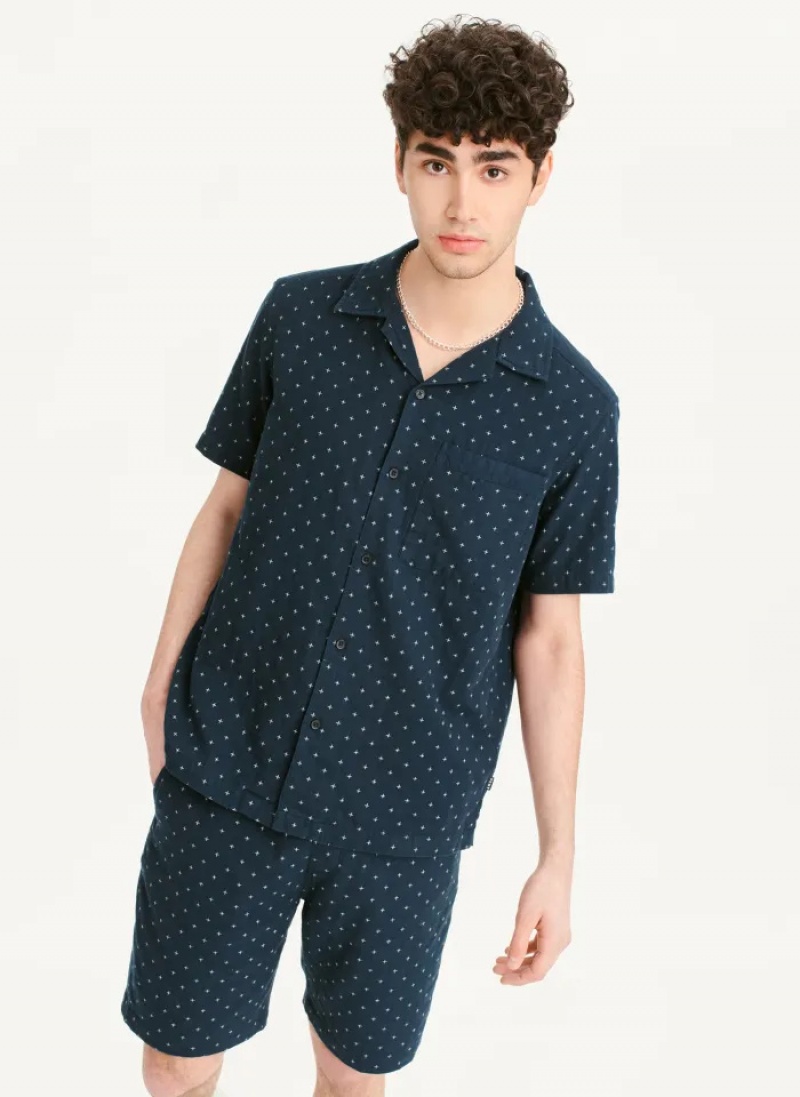 Navy Men's Dkny Camp Shirts | 2814CUNIP