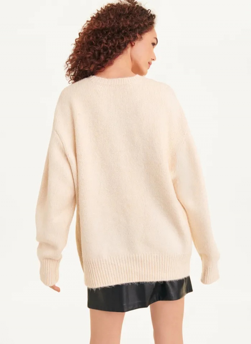 Oatmeal Heather Women's Dkny Crewneck Pocket Sweaters | 7024DKLRT