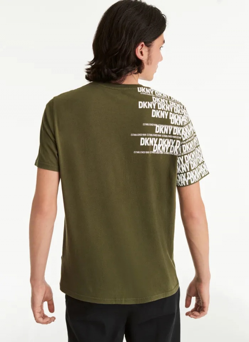 Olive Men's Dkny Asymmetrical Sleeve Logo T Shirts | 4652CKZVF